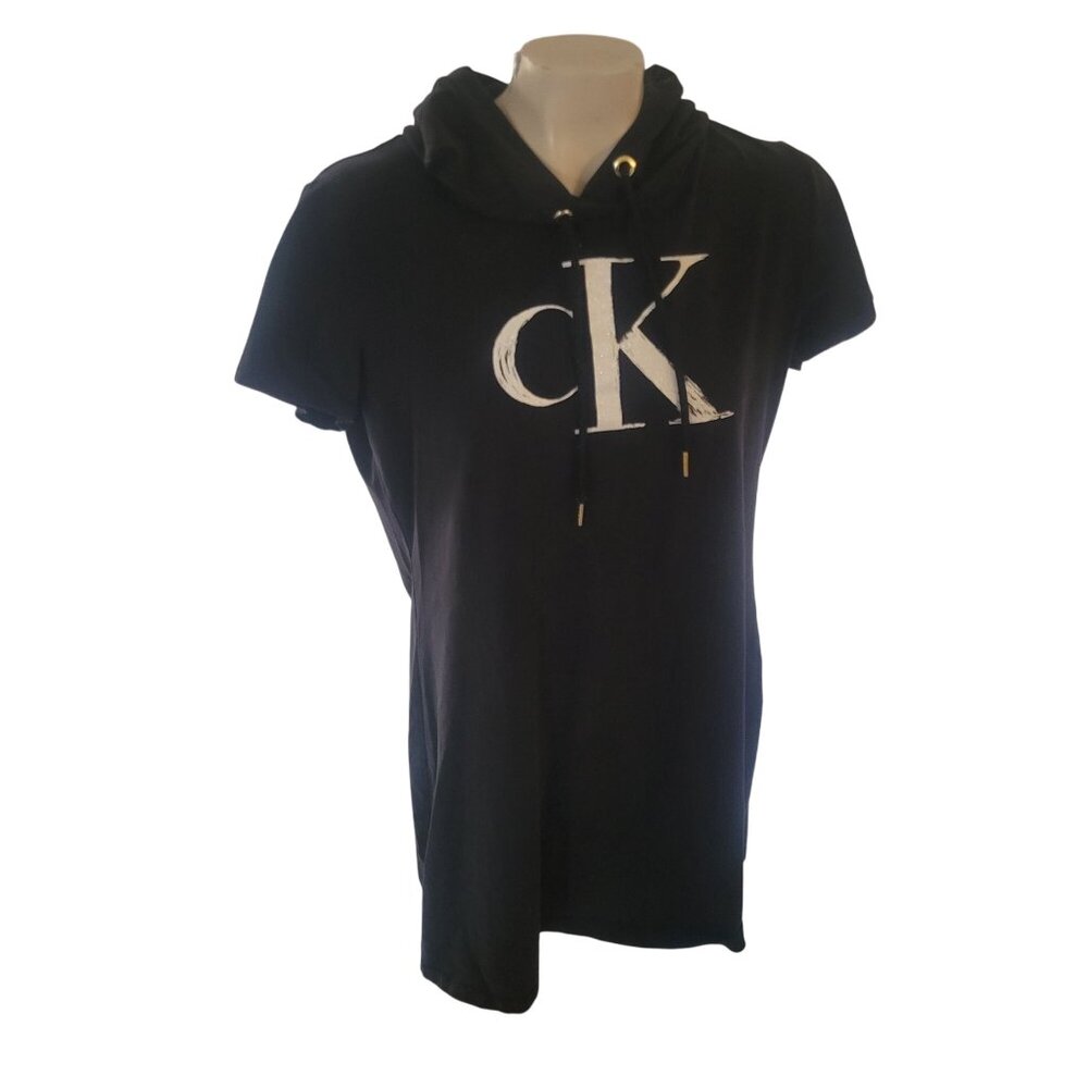 Calvin Klein Black Hooded T-Shirt Dress L/G‎ With CK Logo Short Sleeve Casual